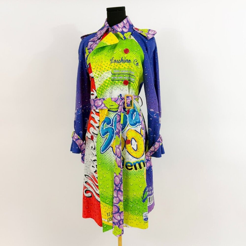 RARE MOSCHINO RUNWAY 2015 POP ART BOTTLE CAP TRENCH COAT MULTI COLOR WITH BUTTON
